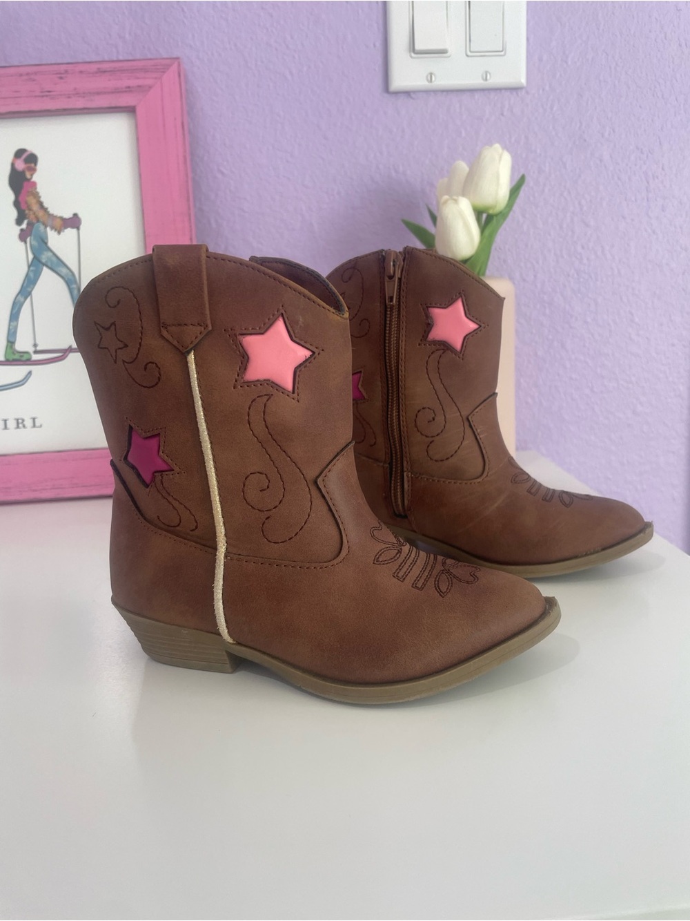 Harper Canyon Brown Kids Western Boots with Pink Star Inlays
